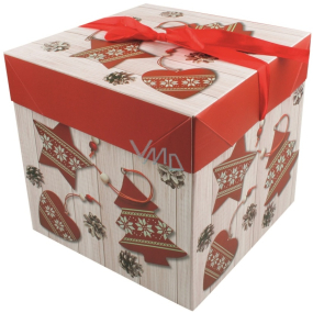Faltschachtel mit Weihnachtsband mit roten Verzierungen 21,5 x 21,5 x 21,5 cm
