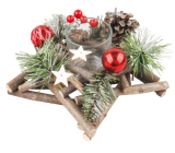 Vánoční dřevěný svícen ve tvaru hvězdy s červenými doplňky a šiškami 20 cm