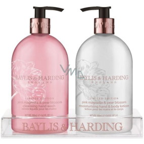 Baylis & Harding Pink Magnolien- und Birnenblüten-Flüssigseifenspender 500 ml + Handmilchspender 500 ml, Kosmetikset