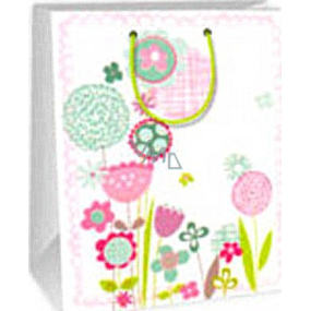 Ditipo Geschenk Papiertüte 26,4 x 13,7 x 32,4 cm weiße rosa und grüne Blumen