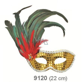 Goldene Ballmaske mit schwarzen Federn an der Seite 30 cm für Erwachsene geeignet