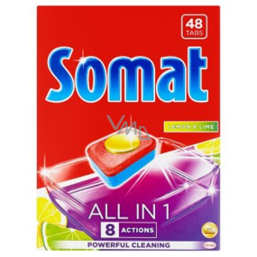 Somat All-in-1-Zitronen-Limetten-Geschirrspülertabletten, angereichert mit der Stärke von Zitronensäure, helfen bei der Entfernung von hartem Schmutz (48 Stück)