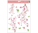 Fensterfolie 3 Zweige rosa Blüten, grüne Schmetterlinge mit Glitzer 30 x 42 cm