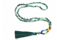 108 Mala 7 čakrový náhrdelník Achát zelený meditační šperk, přírodní kámen vázaný, elastický, střapec 8 cm, korálek 6 mm