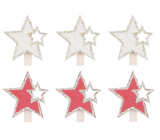 Hvězda dřevěná na kolíčku Červená, přírodní 4 cm 6 kusů