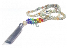 108 Mala 7 Chakra Halskette, Amazonit, Meditationsschmuck, Naturstein geknüpft, elastisch, Quaste 8 cm, Perle 6 mm