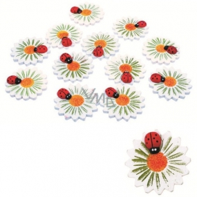 Blumen mit selbstklebendem Marienkäfer aus Holz in einer Tüte von 3 cm, 12 Stück