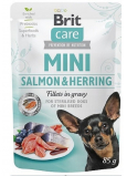 Brit Care Mini Lachs & Hering Filets In Soße komplettes Super Premium Futter für kastrierte erwachsene Hunde Mini Rassen Tasche 85 g