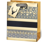 BSB Luxusní dárková papírová taška 23 x 19 x 9 cm Vánoční zlatá se soby a stromky VDT 445 A5