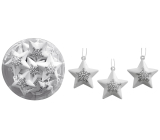 Kovové zvonící hvězdy se stříbrným potiskem na zavěšení 4,5 cm 12 kusů
