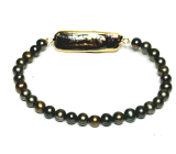 Perla černá s ozdobou náramek elastický z přírodního kamene, kulička 4-5 mm / 16 - 17 cm